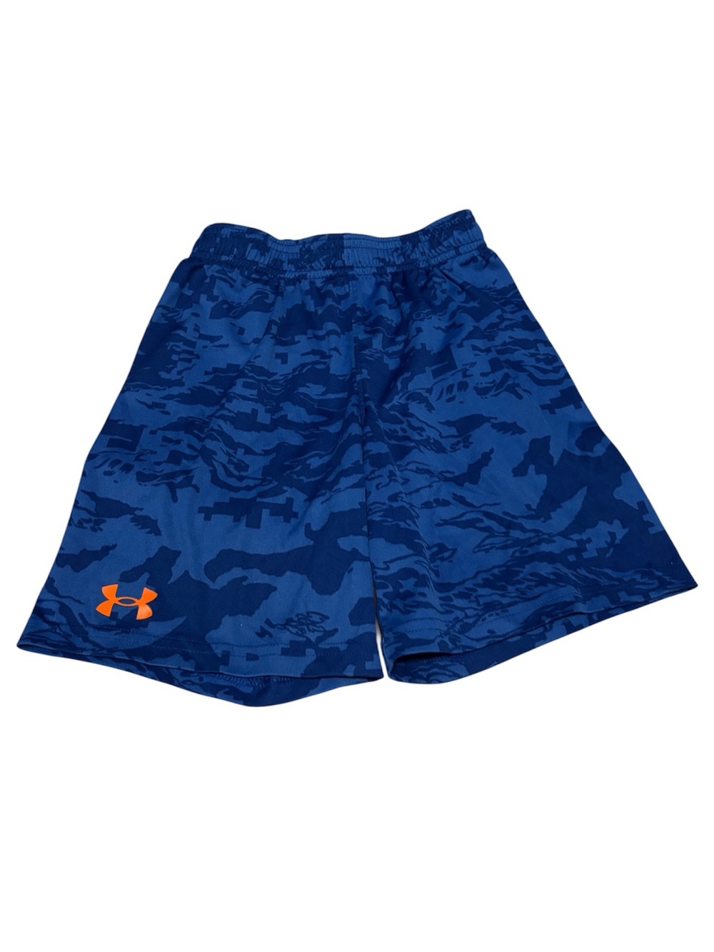 Under Armour Blue Camo Boys' Athletic Shorts with Orange Logo